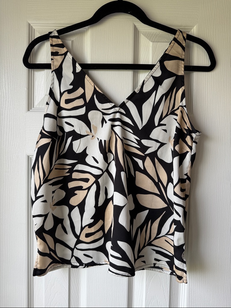 V-Neck Satin Palm Print Tank Top - Black, White & Beige